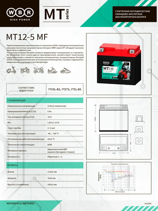 WBR Аккумулятор для мотоцикла MT 12-5 MF (12V 5Ah), MF, фото 2