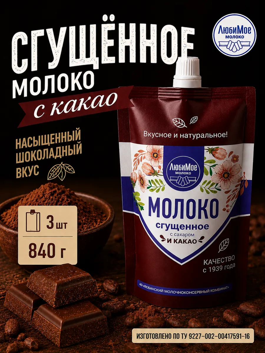 Молоко сгущенное с сахаром и какао 840гр / 3шт