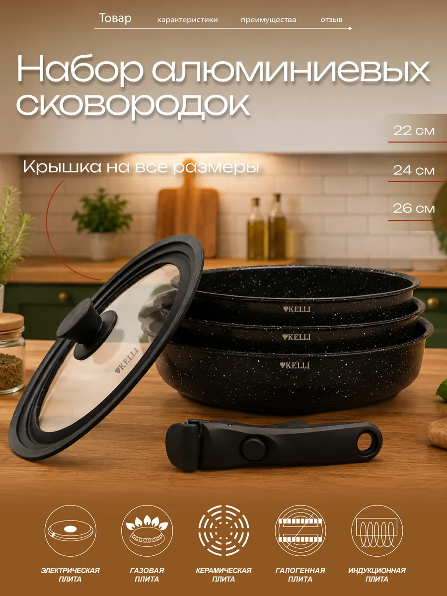 Сковороды с керамическим покрытием, съемная ручка KELLI