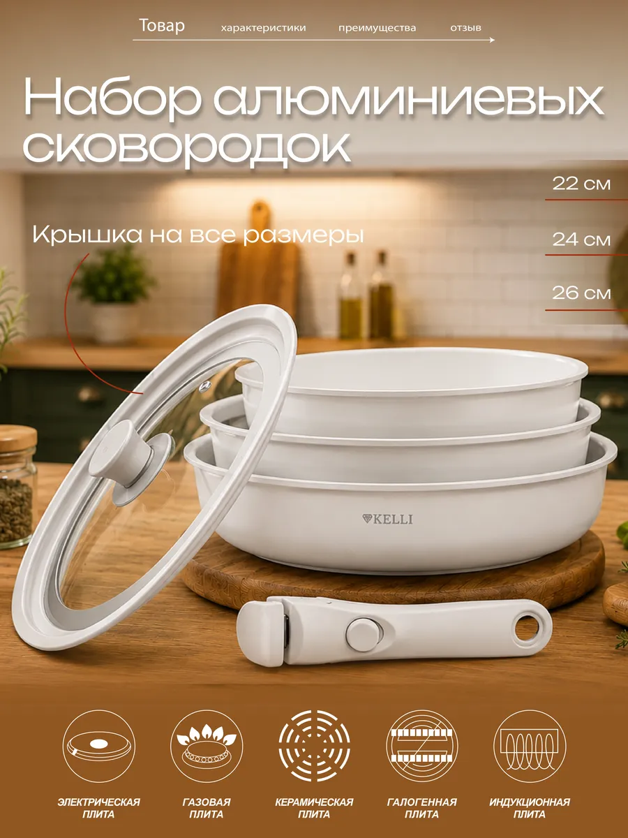 Сковороды с керамическим покрытием, съемная ручка KELLI