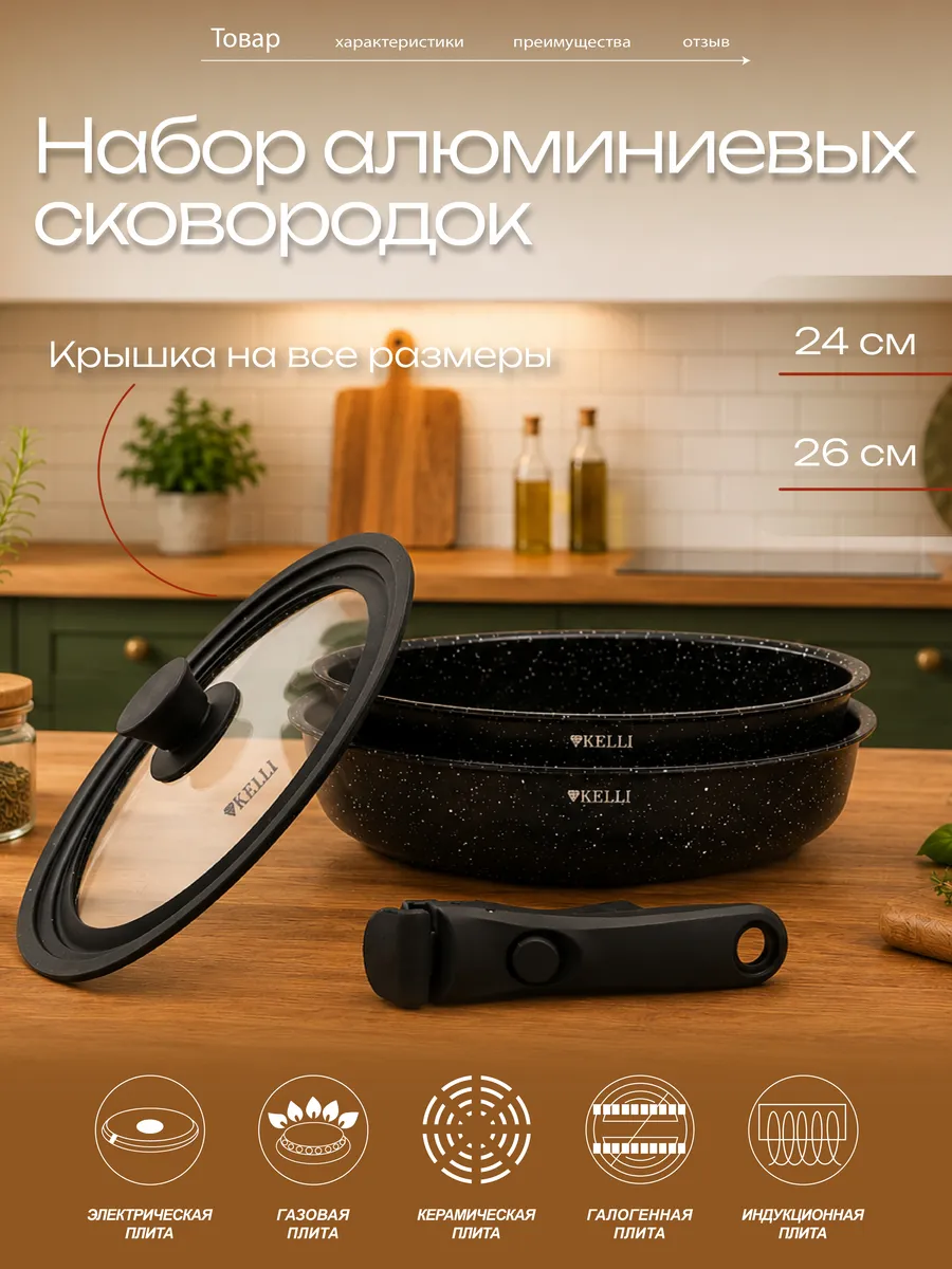 Сковороды с керамическим покрытием, съемная ручка KELLI