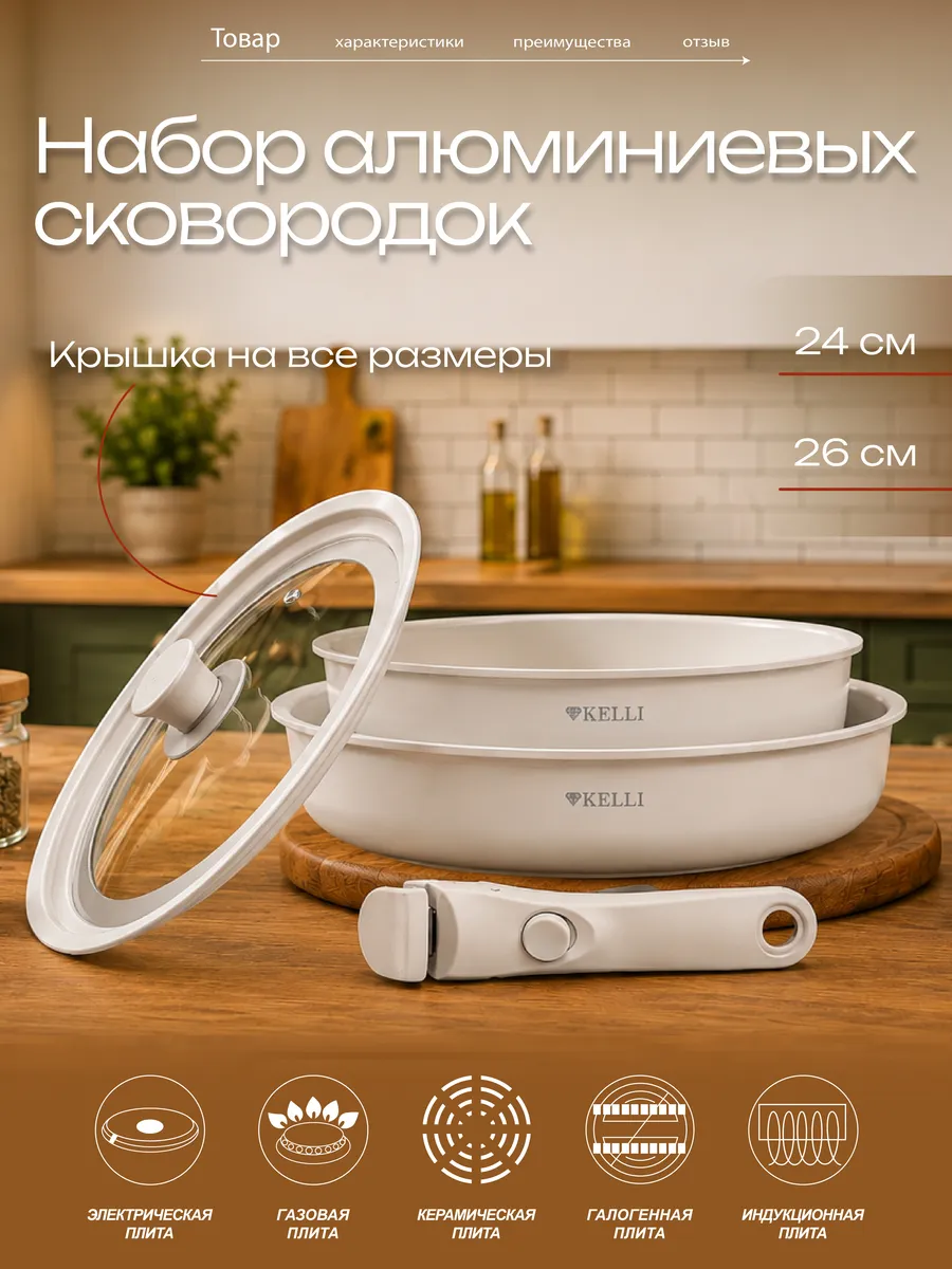 Сковороды с керамическим покрытием, съемная ручка KELLI