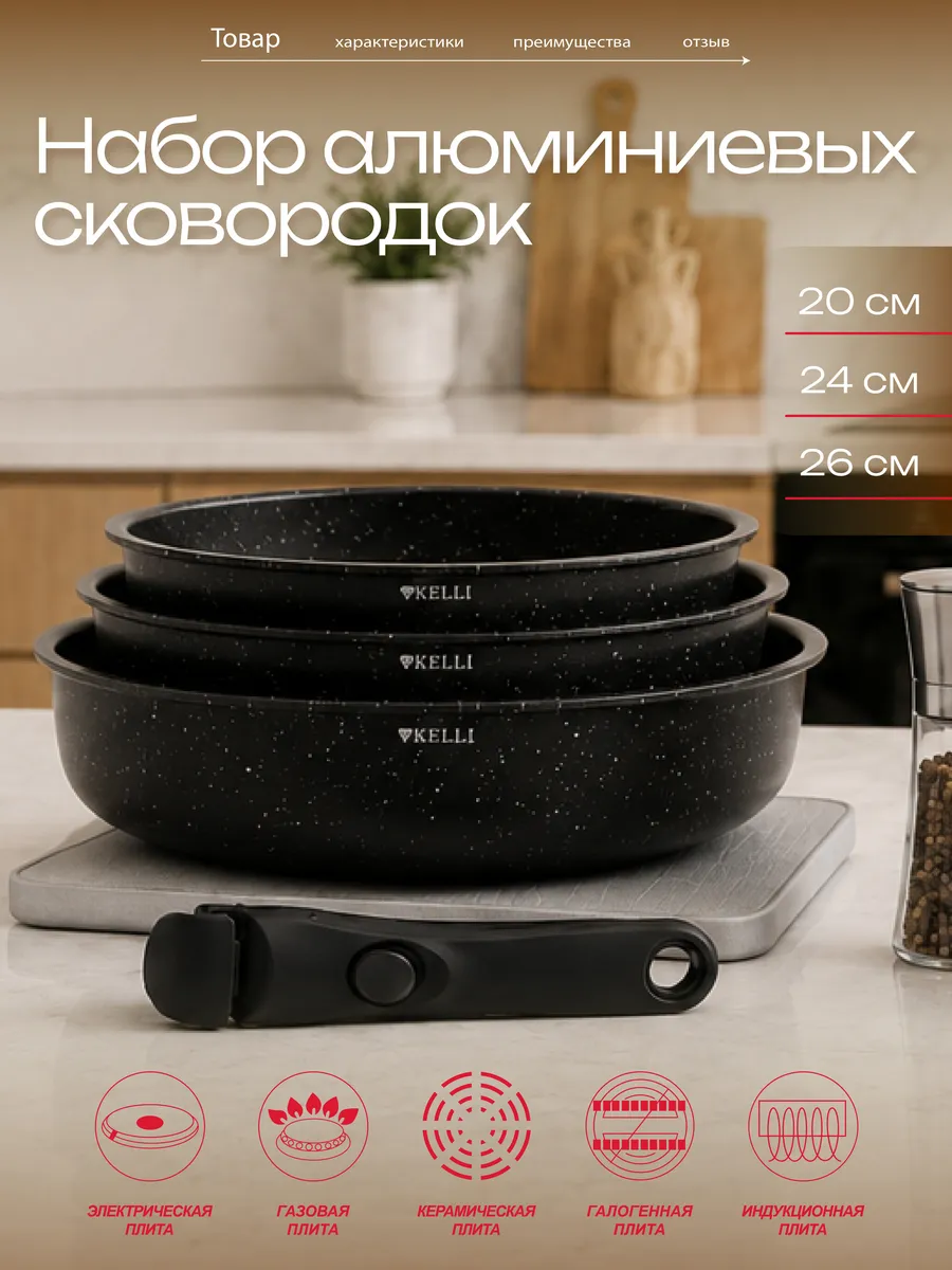 Набор алюминиевых, керамических сковородок со съемной ручкой