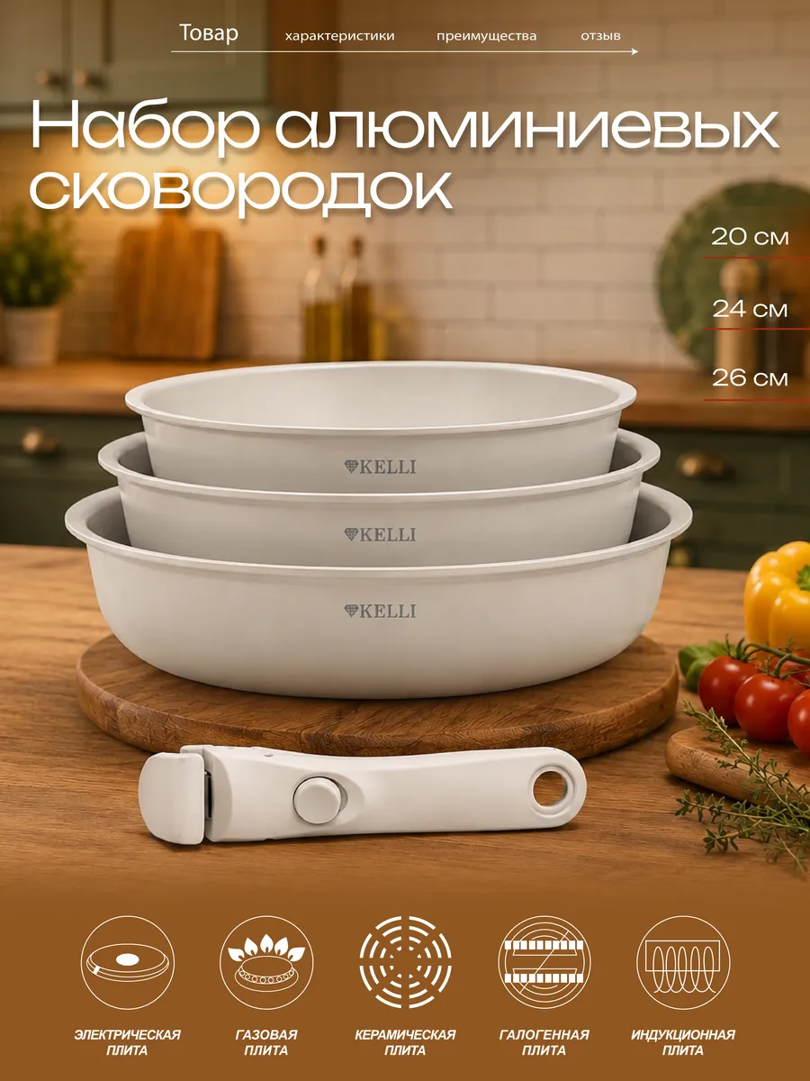 Сковороды с керамическим покрытием, съемная ручка KELLI