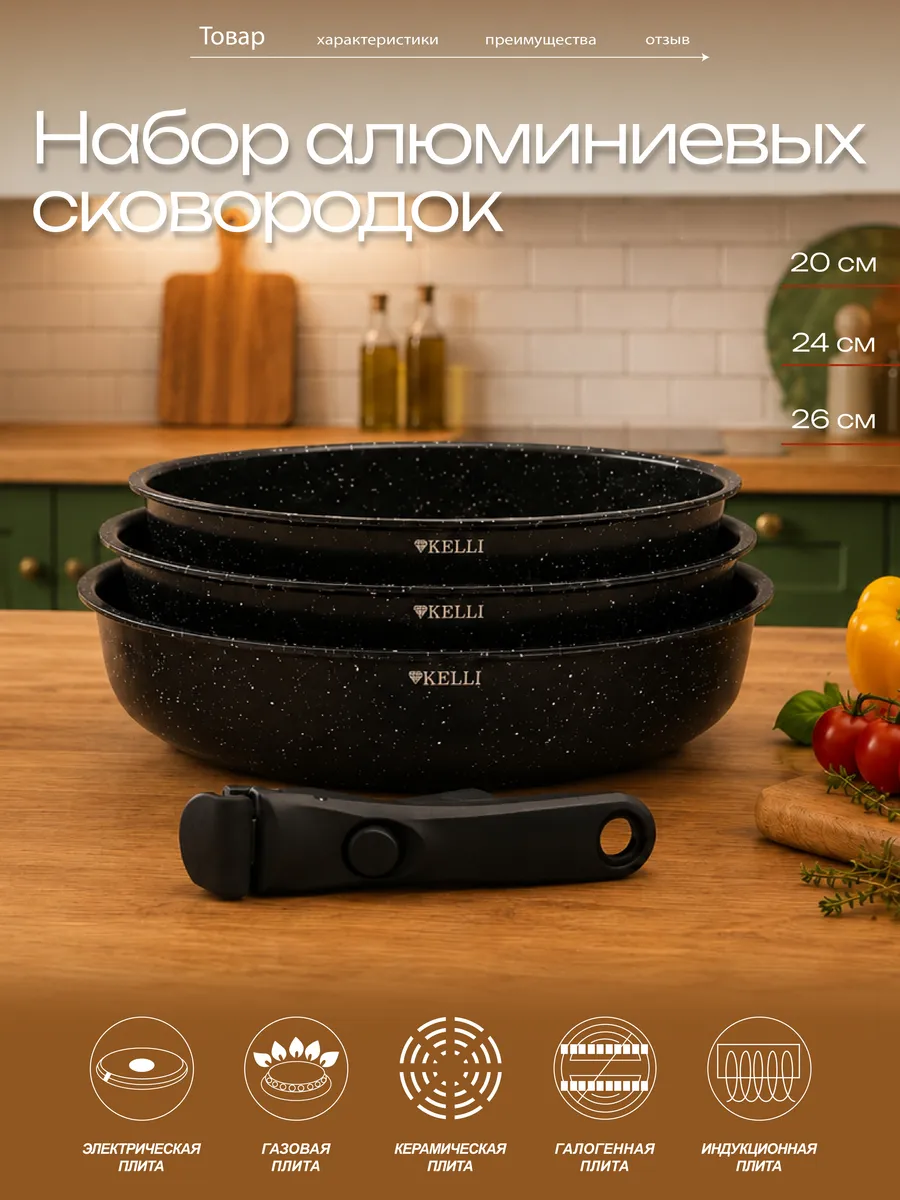 Сковороды с керамическим покрытием, съемная ручка KELLI