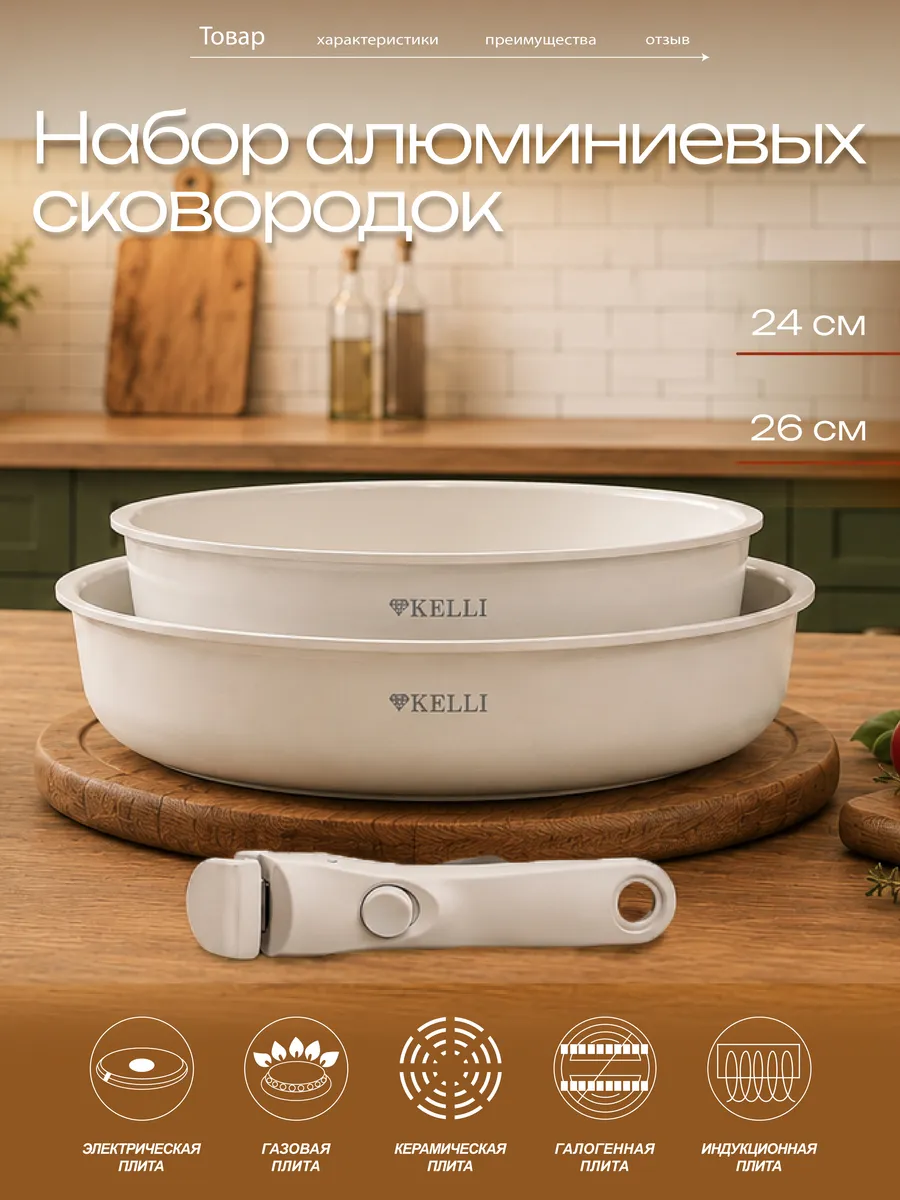 Сковороды с керамическим покрытием, съемная ручка KELLI