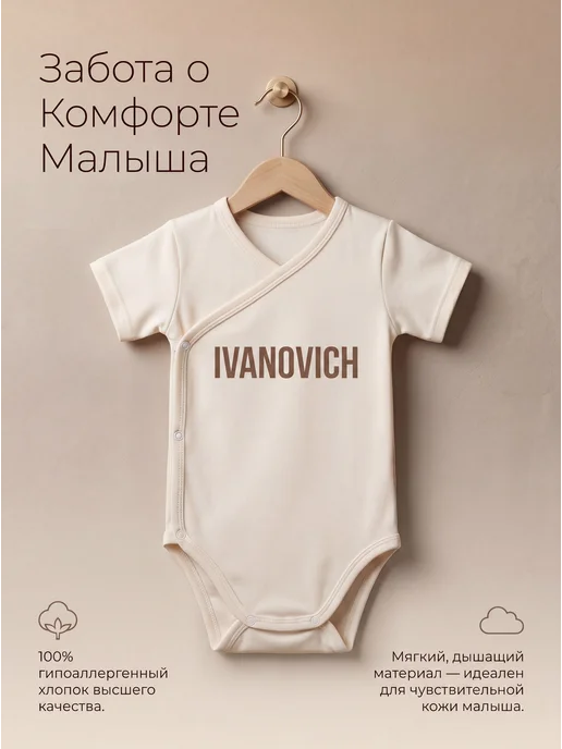 HopeStory Боди детское с отчеством Иванович для новорожденных, белый, фото 3