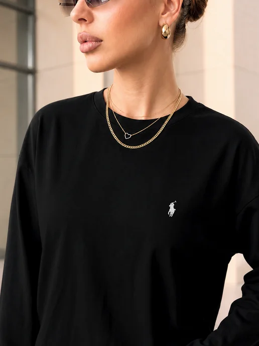 CHOP&CHOP Лонгслив оверсайз с вышивкой polo pinterest y2k, черный, фото 2
