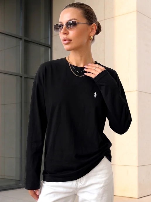 CHOP&CHOP Лонгслив оверсайз с вышивкой polo pinterest y2k, черный, фото 3