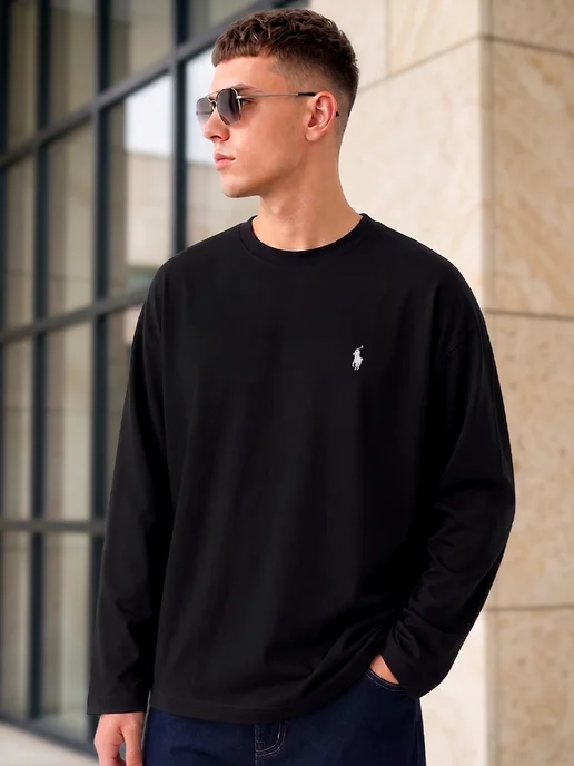 CHOP&CHOP Лонгслив оверсайз с вышивкой polo pinterest y2k, черный, фото 4