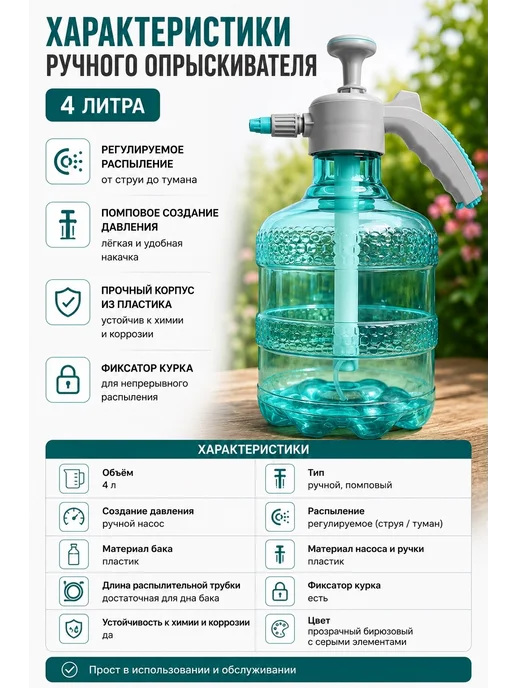 Ручной опрыскиватель помповый 4 л, 4 л, фото 2