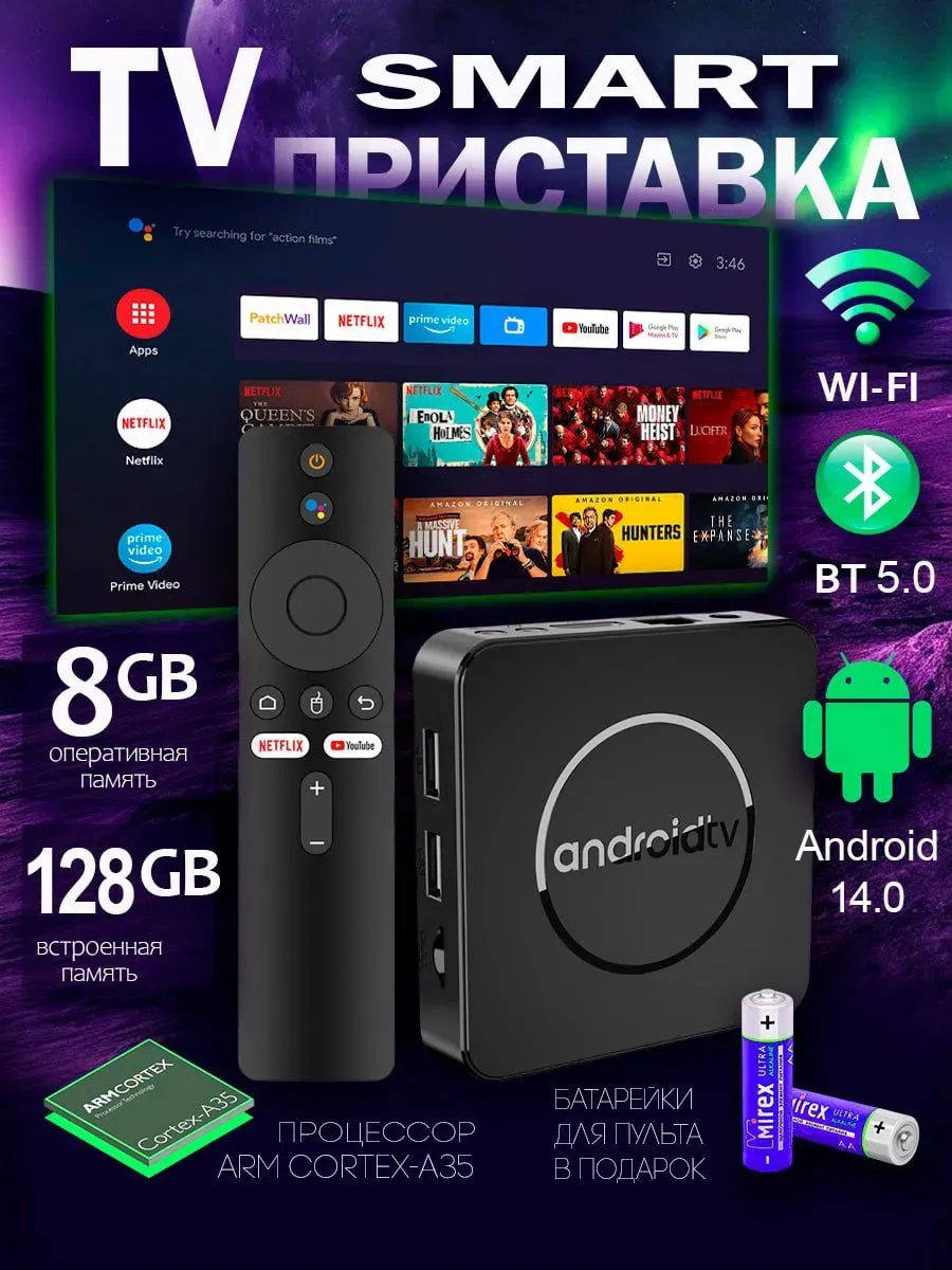ТВ-приставка Smart TV Box Android 14 с поддержкой 4K и WiFi