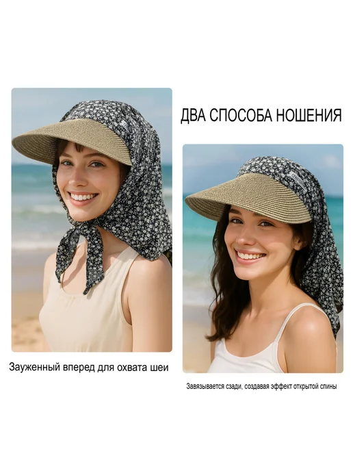 CLAPE Козырек от солнца на голову пляжный соломенный 55-62cm, черный, фото 2