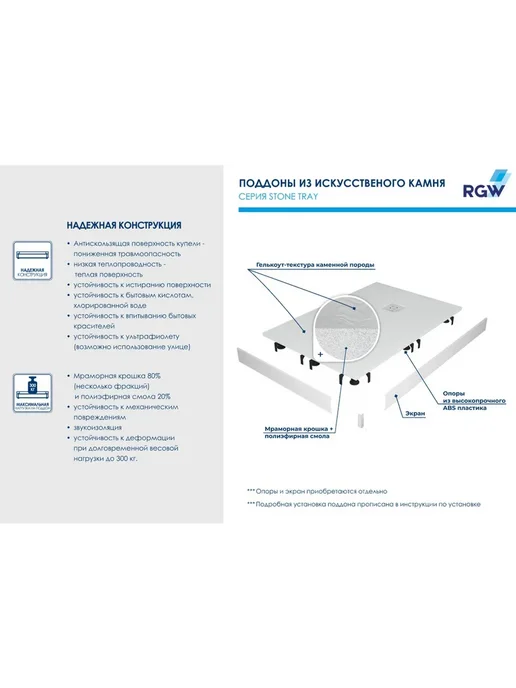 RGW Поддон для душа ST-0100W Белый Квадрат 90 Каменный 100*100*3, 100x100, 100 Вт, фото 8