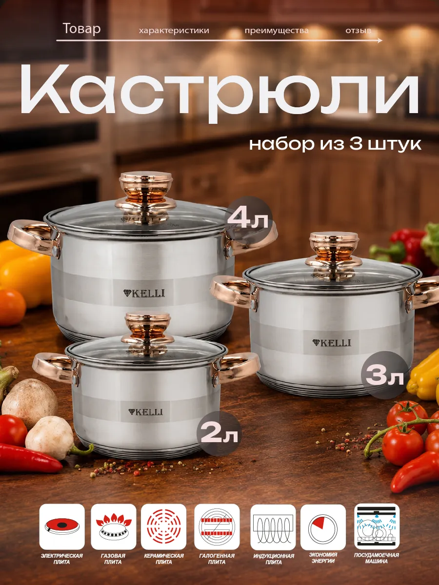Набор кастрюль из нержавеющей стали KELLI