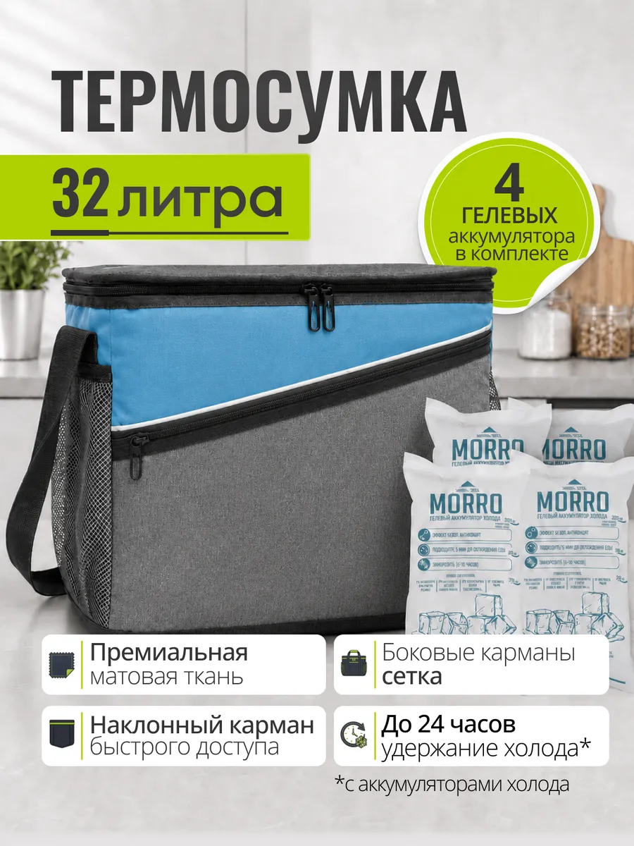 Термосумка с хладоэлементами серо-голубая 32 л