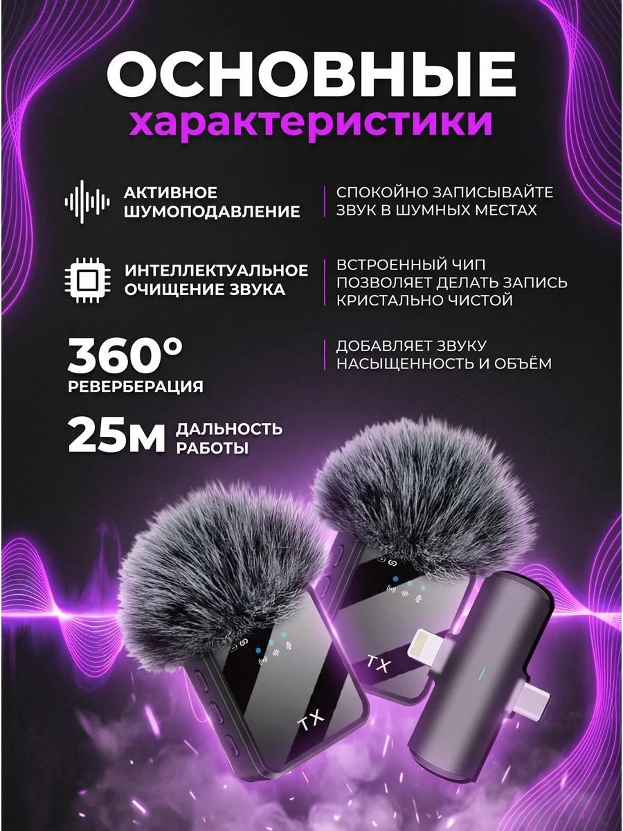 Микрофон петличный беспроводной с шумоподавлением