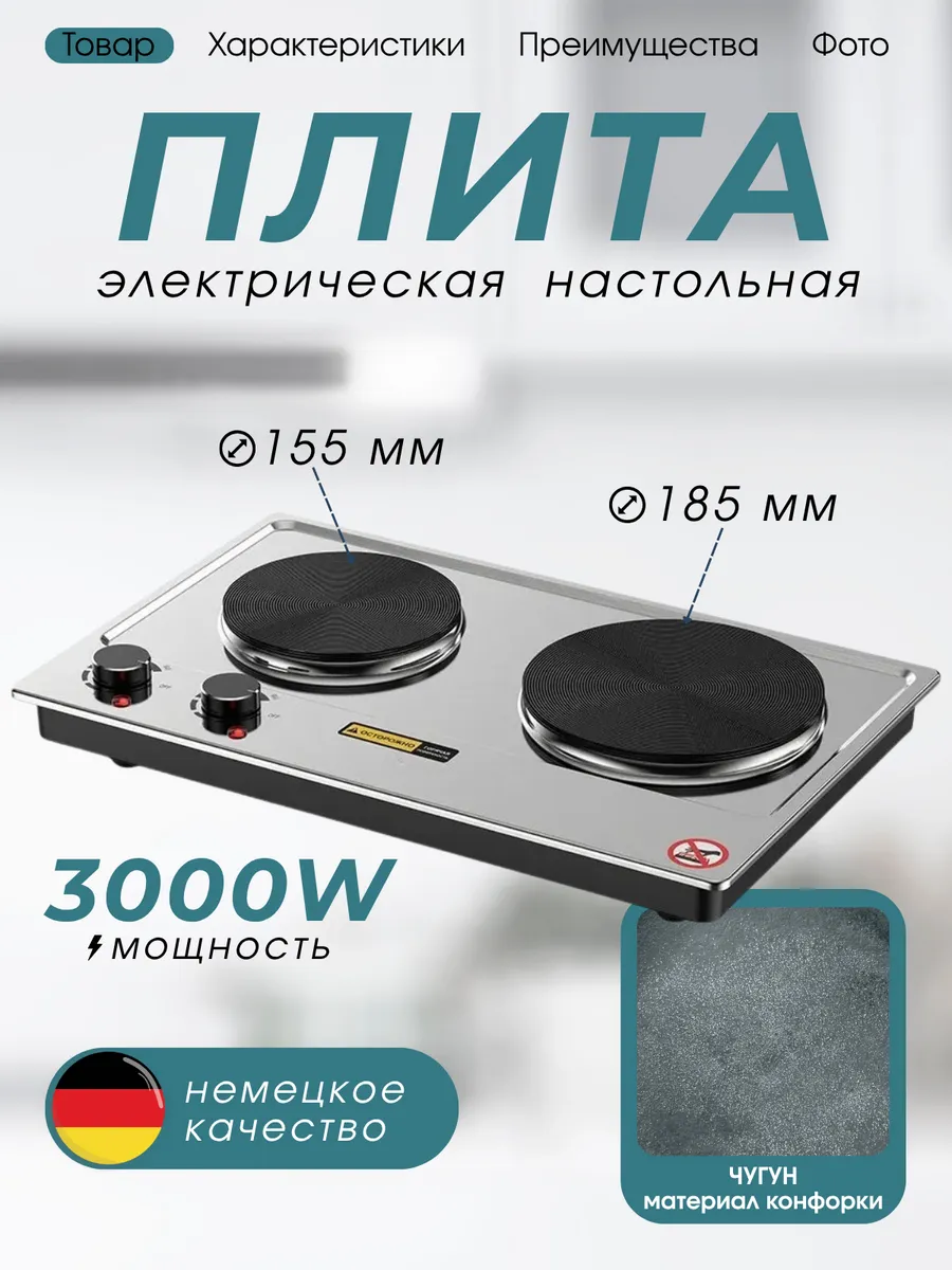 Плита настольная электрическая для дома и дачи 2 конфорки