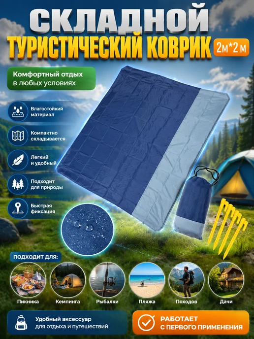 ЕА26 Туристический коврик пляжный влагостойкий складной, синий