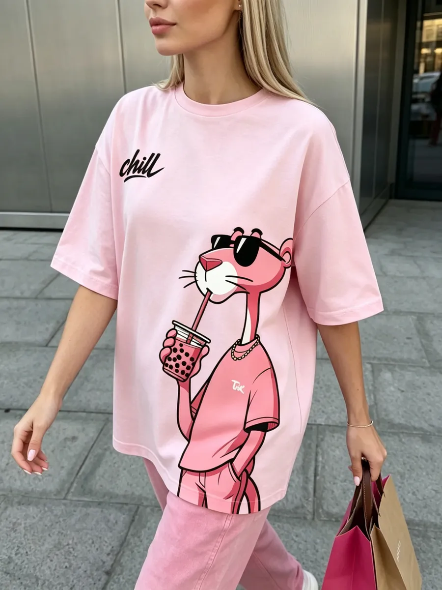 Розовая Хлопковая Футболка Оверсайз Pink Panther