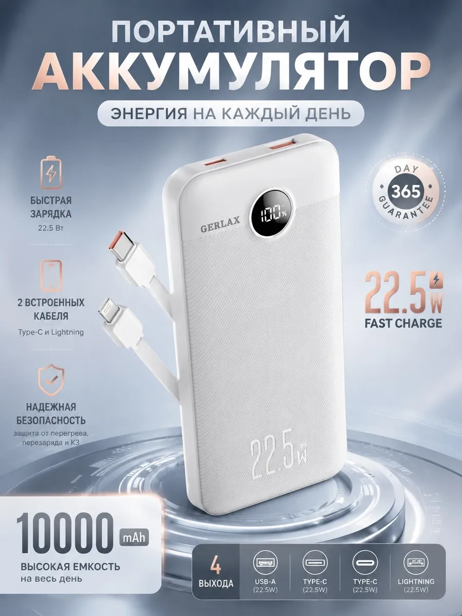Повербанк 10000 mAh с быстрой зарядкой для телефона