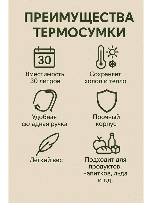 датка7 Термосумка в дорогу Корзинка для пикника тканевая 30л, 30 л, фото 2