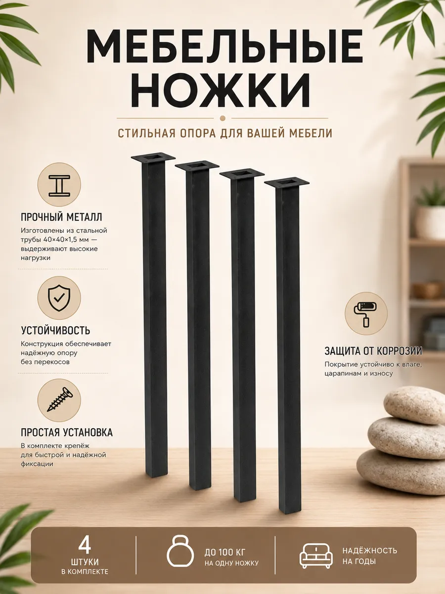 Опоры ножки для стола комплект 4 шт. черные 40х40 мм
