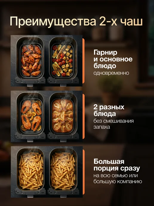 elementech Аэрогриль электрический с 2 чашами 10 л, 14 программ, 10 л, черный, фото 2