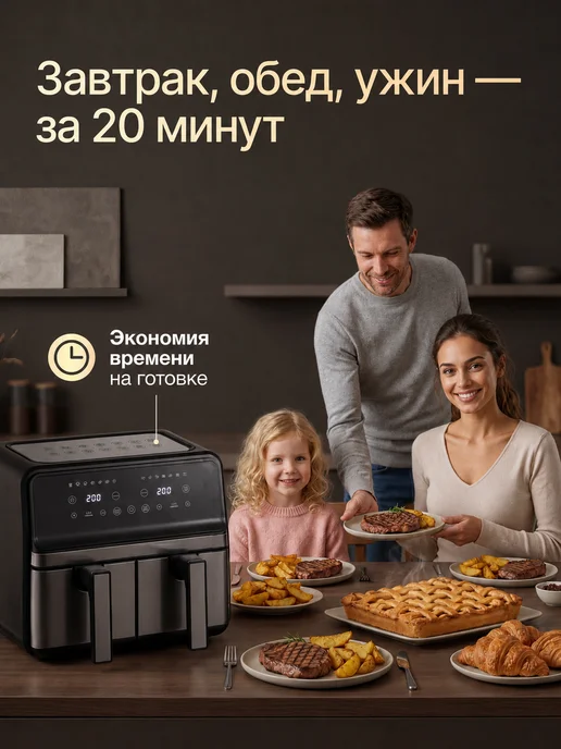 elementech Аэрогриль электрический с 2 чашами 10 л, 14 программ, 10 л, черный, фото 3