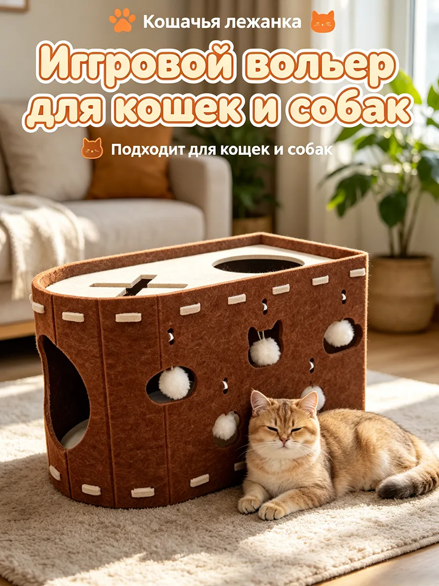 Лежанка домик для кошек с когтеточкой и игрушкой