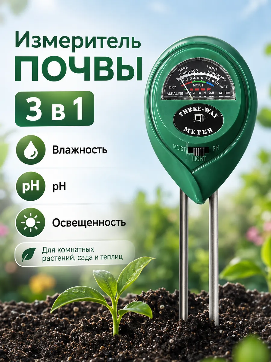 Измеритель почвы 3 в 1: влажность, pH, освещенности