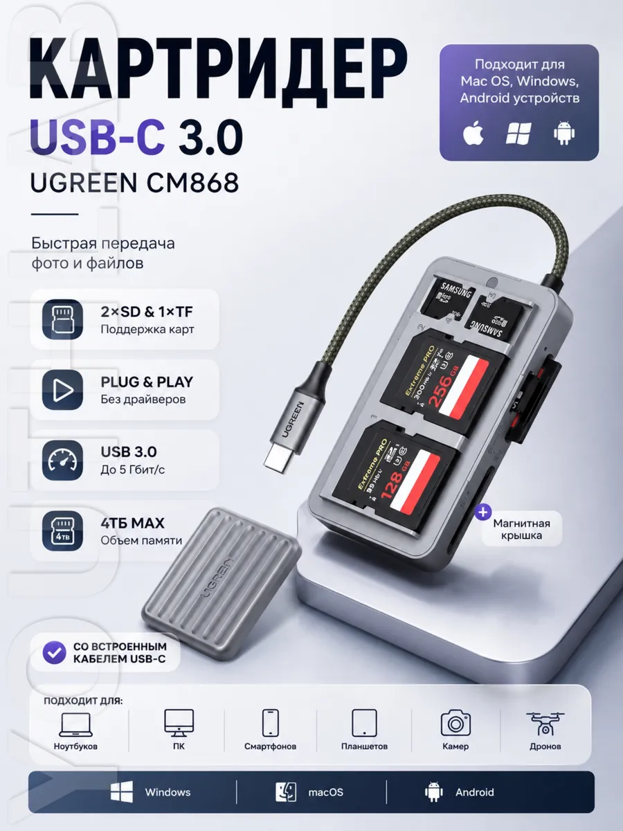 Картридер CM868 (55886) 2SD Card Slot&1TF Card Slot