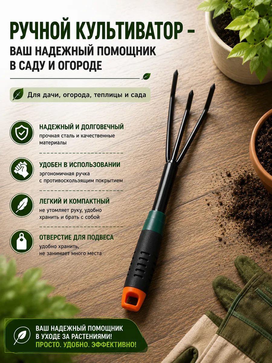 Культиватор ручной трехзубый для дачи и огорода