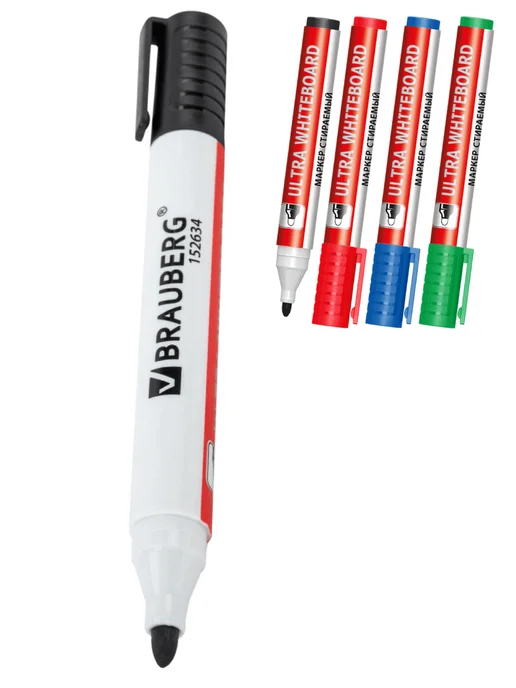 Brauberg Маркер стираемый 12 шт ULTRA WHITEBOARD 3 мм с клипом черный, 4 цв., фото 2