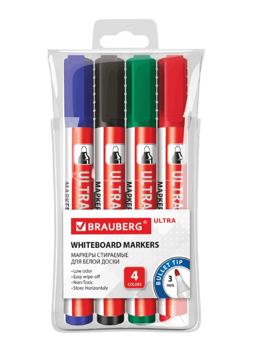 Brauberg Маркер стираемый 12 шт ULTRA WHITEBOARD 3 мм с клипом черный, 4 цв., фото 7