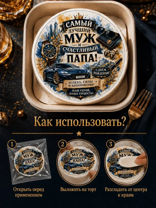 Lullaby Вафельная картинка на торт С Денем Рождения папе, синий, фото 3