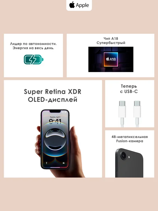 Смартфон Apple iPhone 16 128 ГБ (восстановленный), черный, фото 3