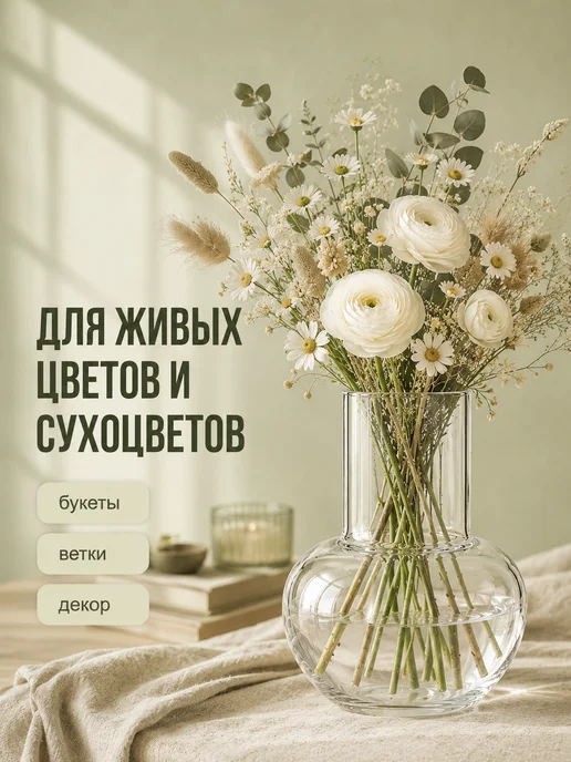 МИРРЭЙ Ваза стеклянная декоративная для цветов и сухоцветов, белый, фото 2