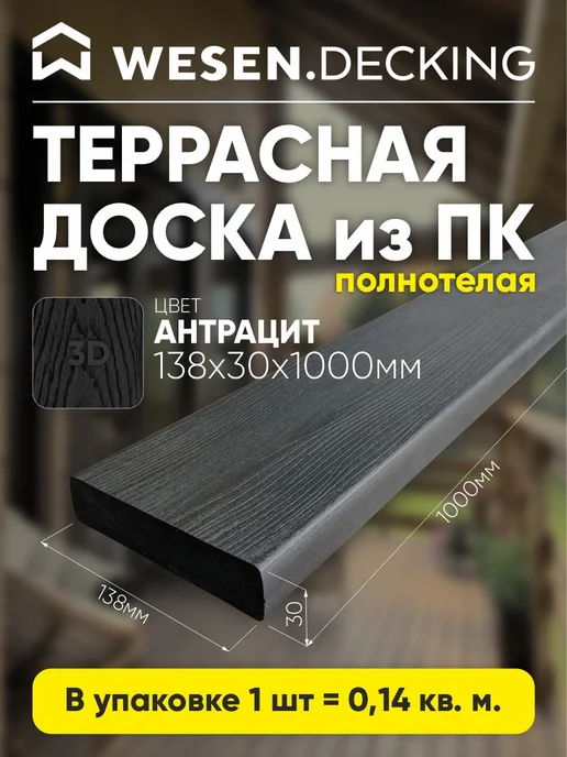 Террасная доска полимерная 138х30х1000 мм, Антрацит, 1 шт, 138x30x1000 мм, 1 шт