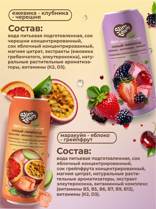 SLIM TEAM Набор лимонадов с витаминами 2 вкуса по 2 штуки, 330 мл, 4 шт, фото 2