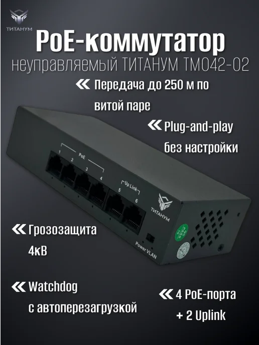 Титанум PoE-коммутатор для видеонаблюдения ТМ042-02, титан