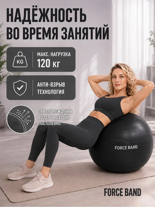 FORCE BAND Фитбол 65 см гимнастический мяч с насосом Антивзрыв, черный, фото 2
