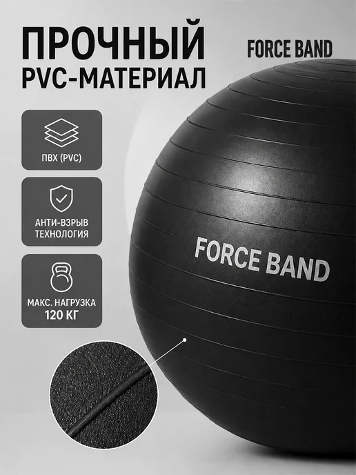 FORCE BAND Фитбол 65 см гимнастический мяч с насосом Антивзрыв, черный, фото 3