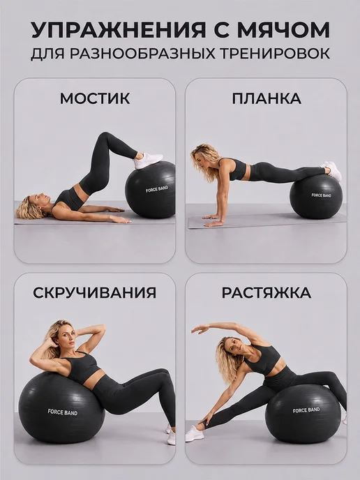 FORCE BAND Фитбол 65 см гимнастический мяч с насосом Антивзрыв, черный, фото 4