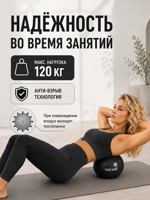 FORCE BAND Мяч для пилатеса и фитнеса 25 см Антивзрыв, черный, фото 2