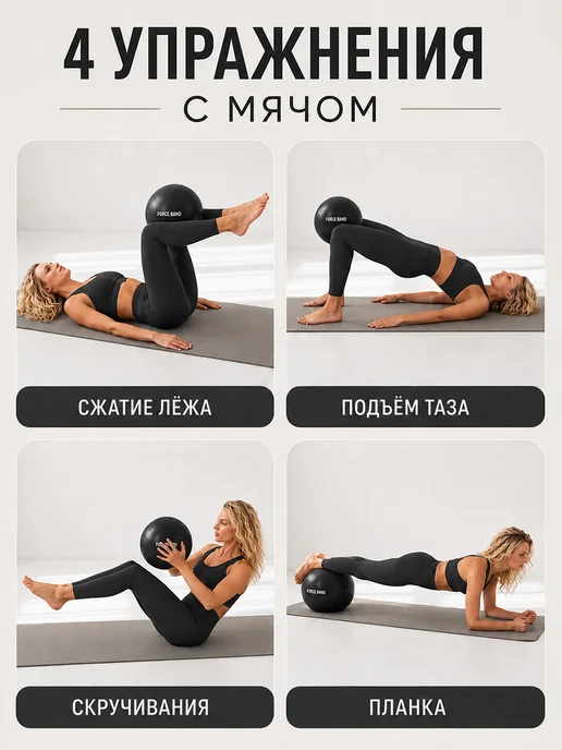 FORCE BAND Мяч для пилатеса и фитнеса 25 см Антивзрыв, черный, фото 4