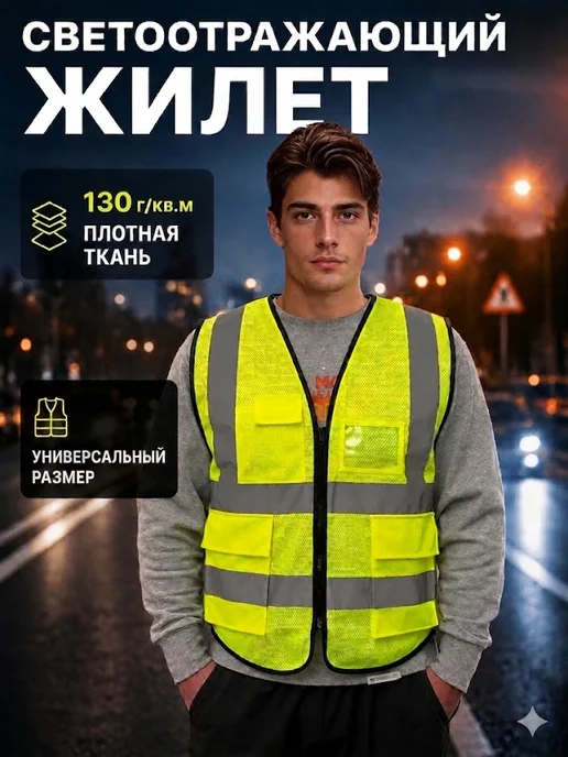 Светоотражающий жилет с карманами, зеленый