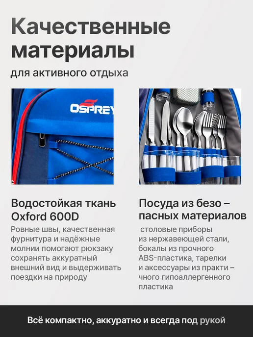 OSPREY FISHING Набор походной посуды в рюкзаке для похода, пикника, синий, 29 шт, фото 3