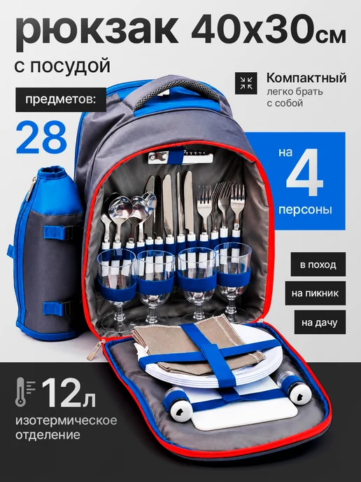 OSPREY FISHING Набор походной посуды в рюкзаке для похода, пикника, синий, 28 шт