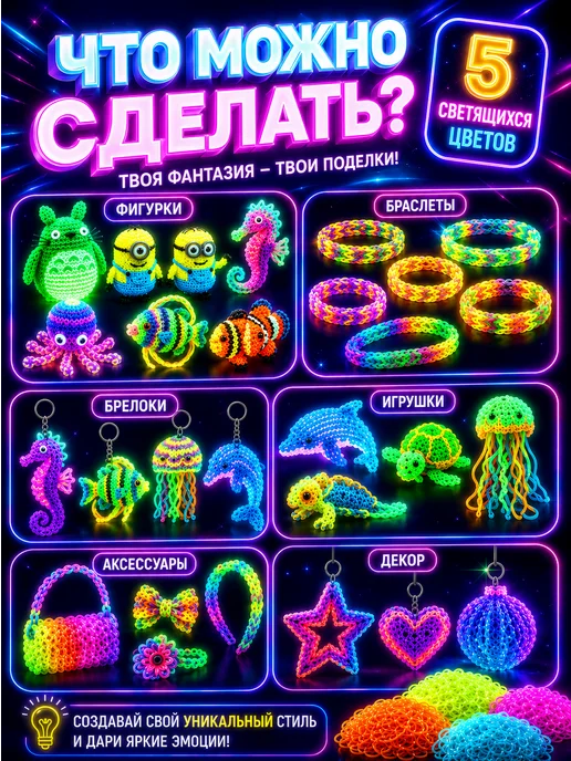 Strange Cat Набор светящиеся в темноте резинок 5 цветов, 3000 шт, 5 цв., 3000 шт, фото 3